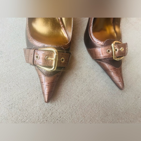 Bakers Coral Heels Golden Buckle Brown Show With Pointed Toe Embossed Crocodile - Picture 9 of 10